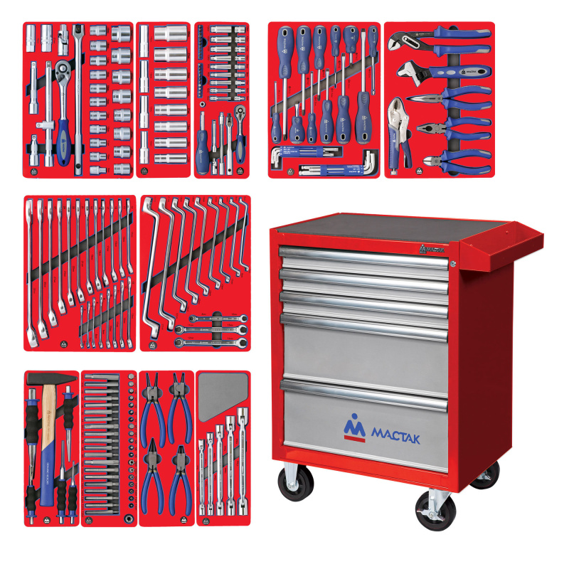 МАСТАК Набор инструментов "МАСТЕР" в красной тележке, 205 предметов 52-05205R